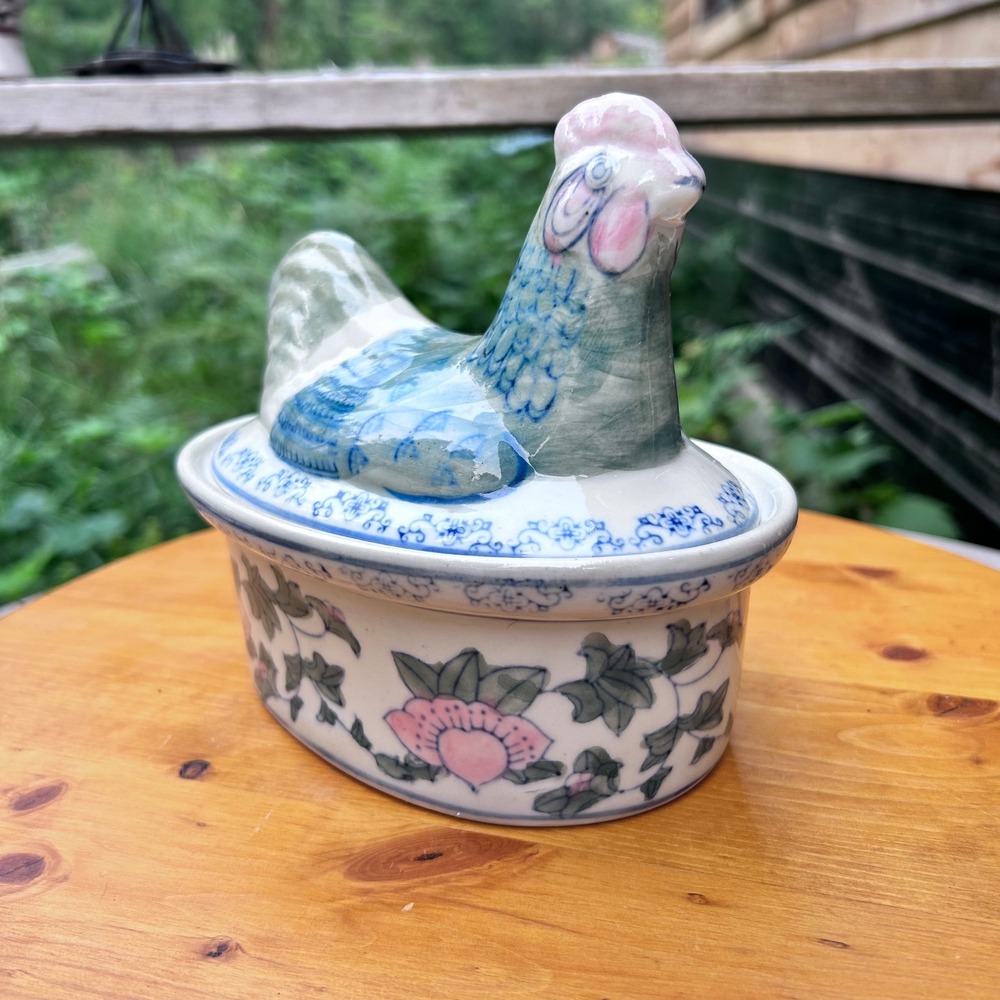 Vintage Hen on Nest Trinket Box Porcelain Blue Pink Peony Jewelry Dish 6 Inch